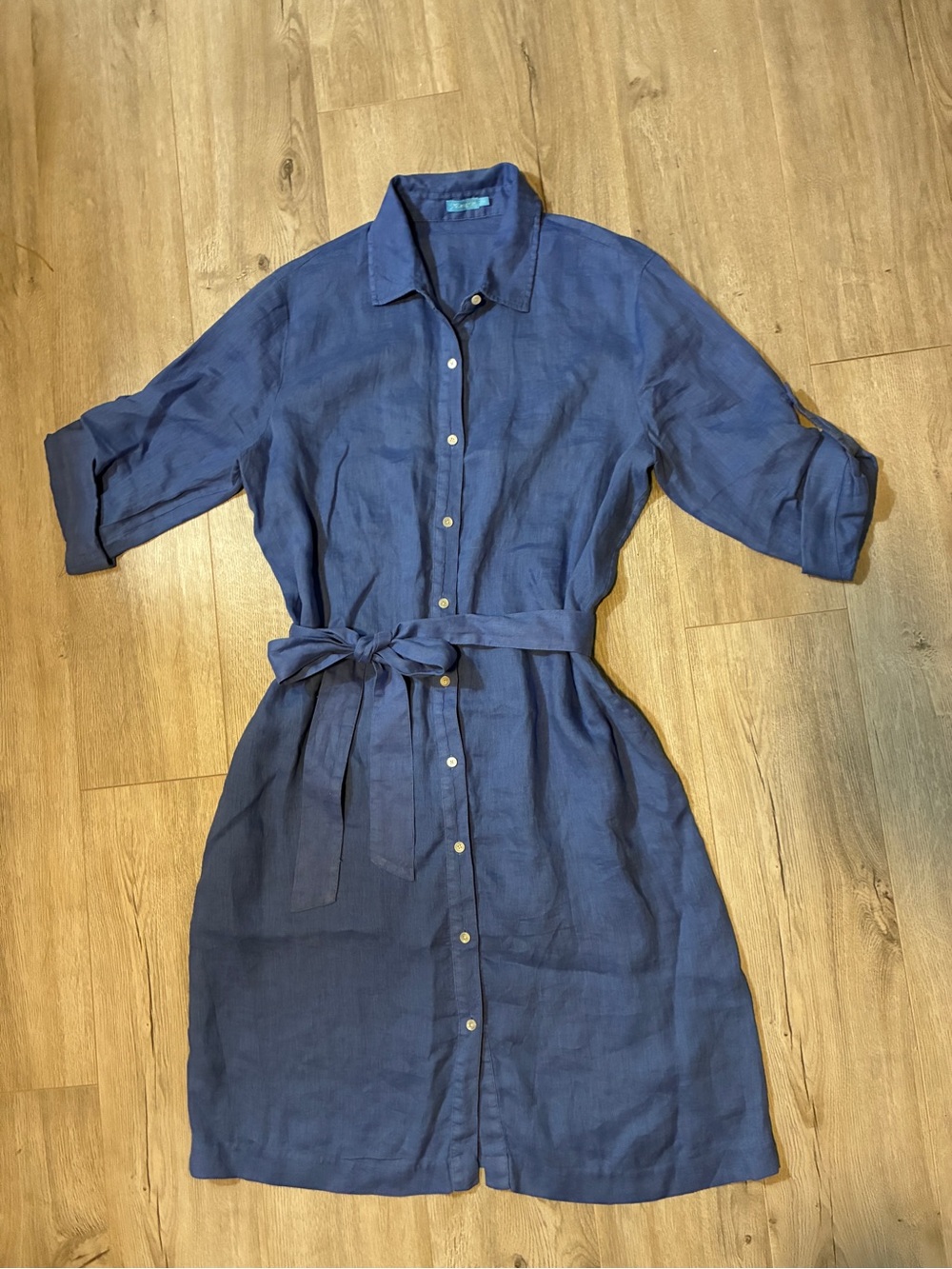 J. McLaughlin Blue Linen Belted Shirt Dress Medium Roll Tab Sleeve - Picture 4 of 11